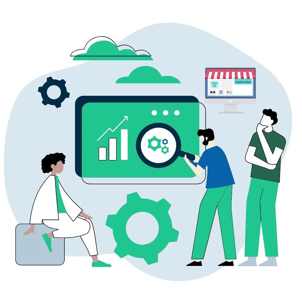 Business team analyzing marketing data and technology interfaces in a professional, modern office setting, with green colors reflecting a tech-savvy brand